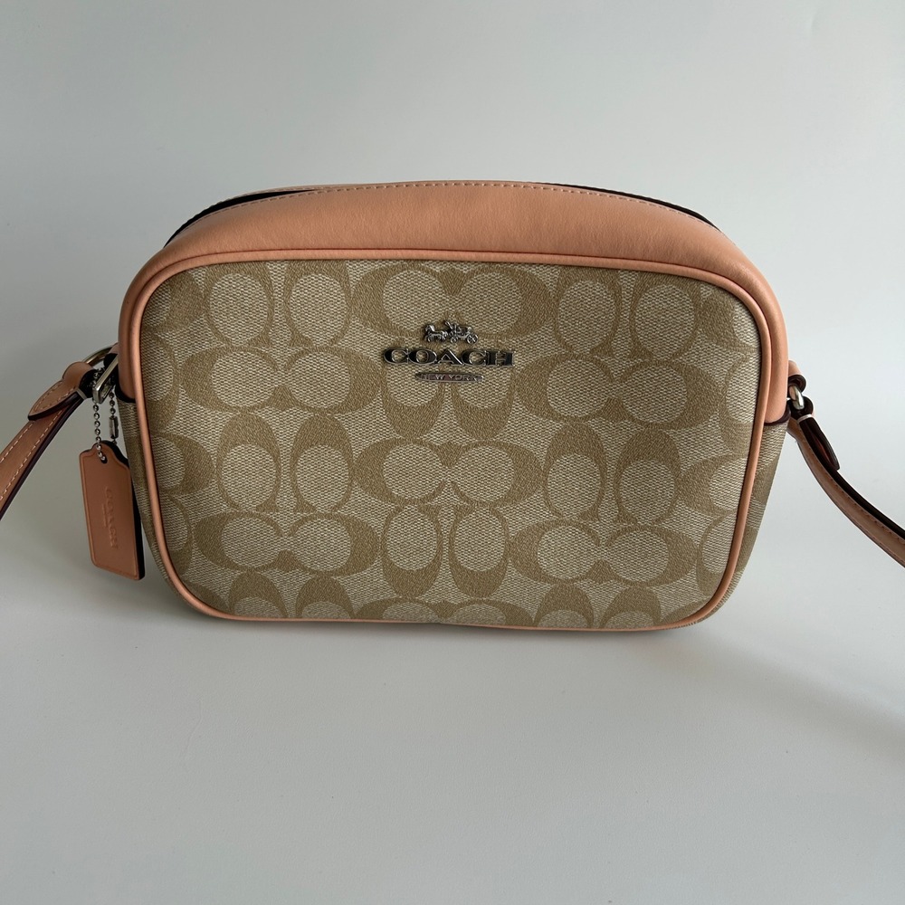 Coach Jamie Camera Bag Khaki Peach Signature Canvas Leather Crossbody Excellent‎